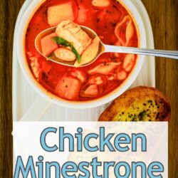 bowl of chicken minestrone soup, with text overlay.