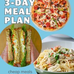 collage of meals included in meal plan 12, on blue background.