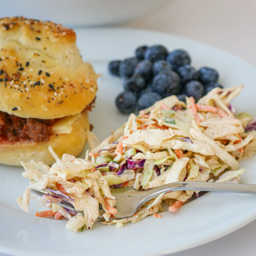 coleslaw on a plate with a forkful on the side, sloppy joe and blueberries in the background.