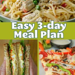 collage of 3-day meal plan #12, on green background.