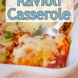 spoon dipping into pan of ravioli casserole, with text overlay.