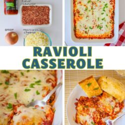 square collage of ravioli casserole images, including ingredients, the baked dish, and served.