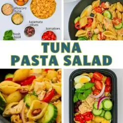 rectangular collage of tuna pasta salad, with text overlay.