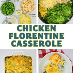square collages of chicken florentine casserole images.