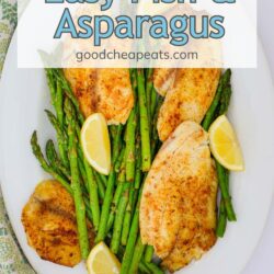 platter of fish and asparagus with text overlay.