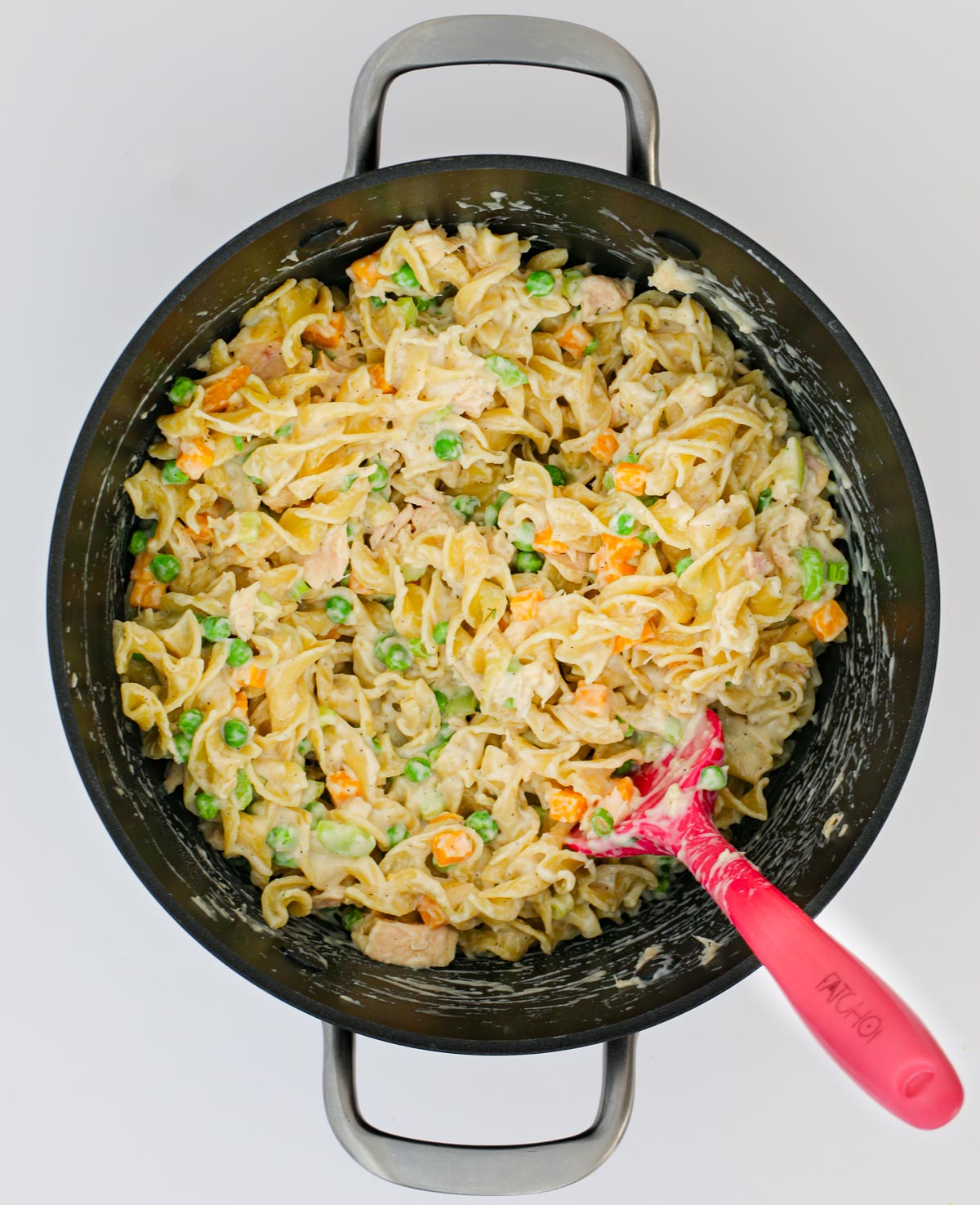 the casserole filling in the large pot.