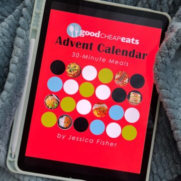 meal plan advent calendar on iPad on blue blanket.