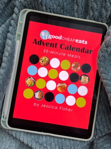meal plan advent calendar on iPad on blue blanket.