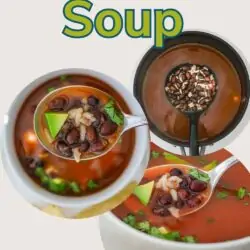 circle collage of bean and rice soup, with text overlay.