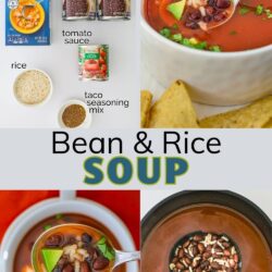 rectangle collage of bean and rice soup, with text overlay.