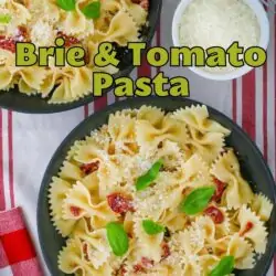 overhead shot of brie pasta with text overlay.