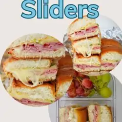 circle collage of hot ham and swiss slider pictures, with text overlay.