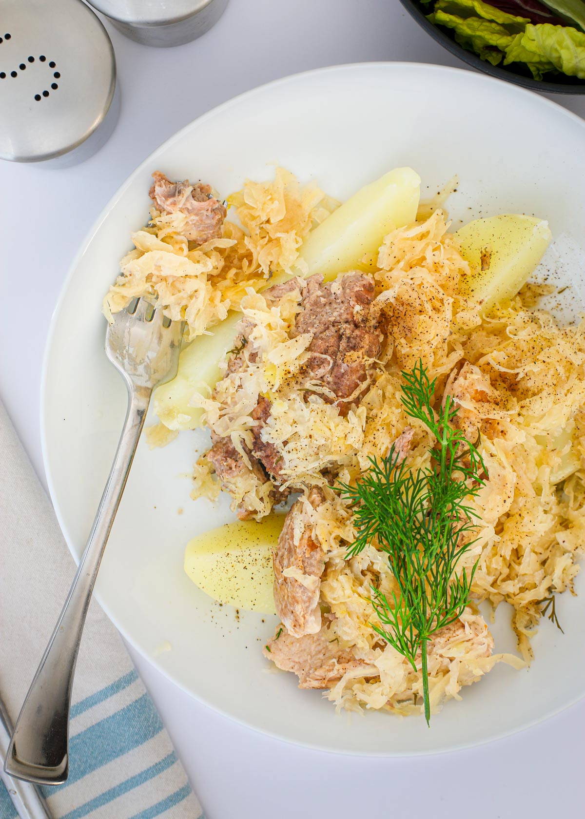 overhead shot of pork and sauerkraut on a dinner plate.