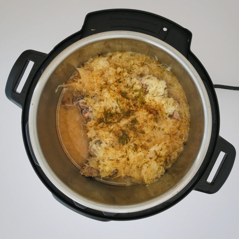 the completed dish in the pot.