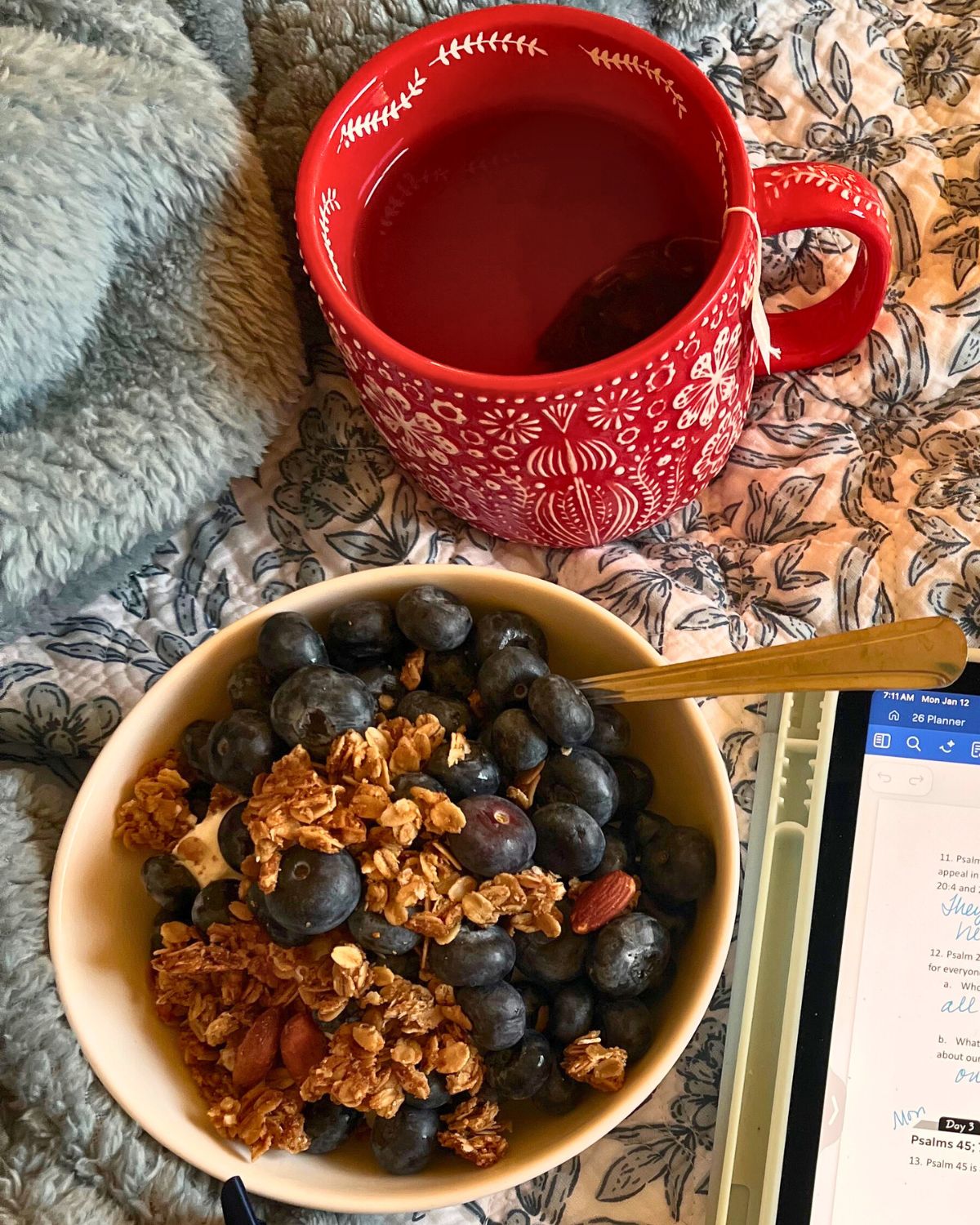 bowl of berry parfait and cup of tea on bed with blankets and iPad.