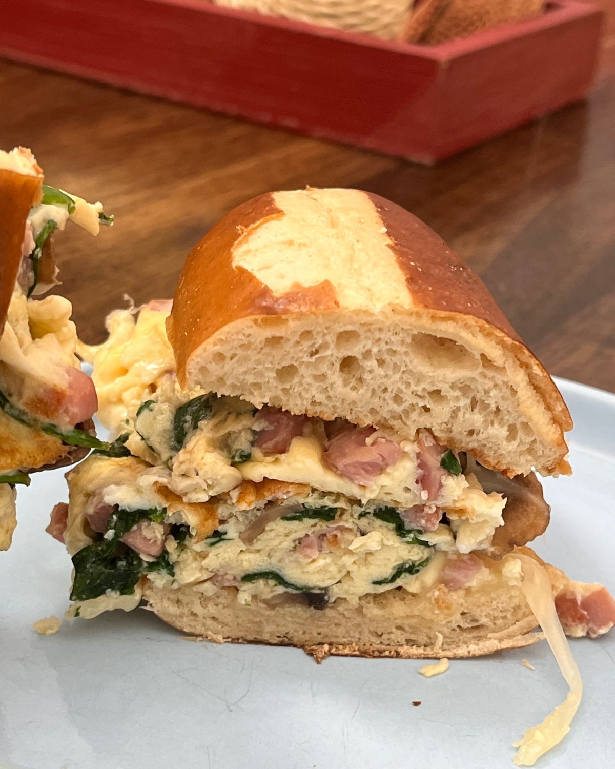 pretzel roll breakfast sandwich.