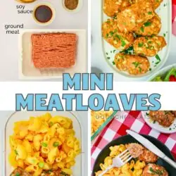 collage of ingredients, preparation, and finished mini meatloaf meals, with text overlay.