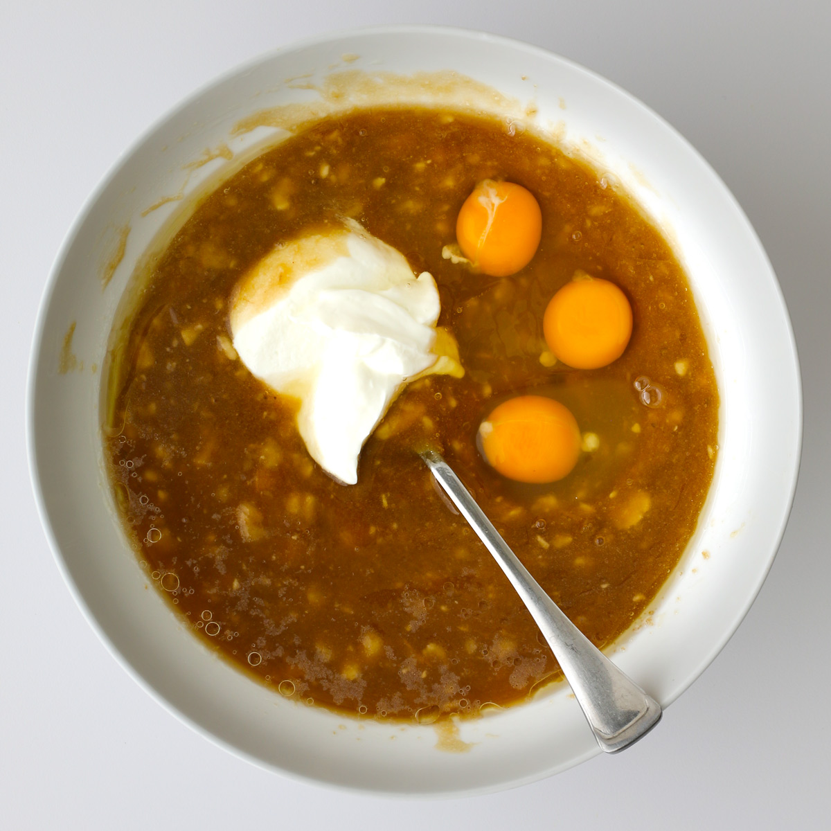 wet ingredients with eggs and yogurt added.