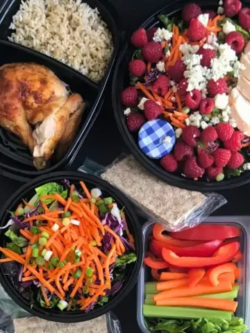 meal prep boxes featuring rotisserie chicken.