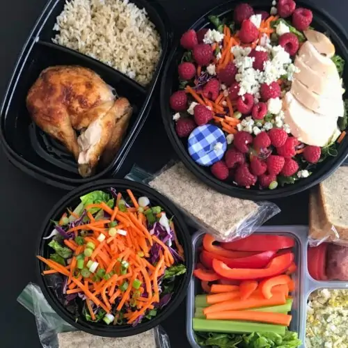 meal prep boxes featuring rotisserie chicken.