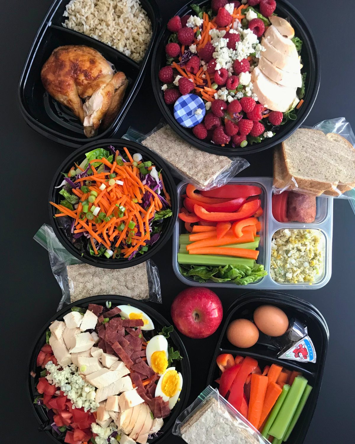 array of meal preps, three featuring rotisserie chicken.