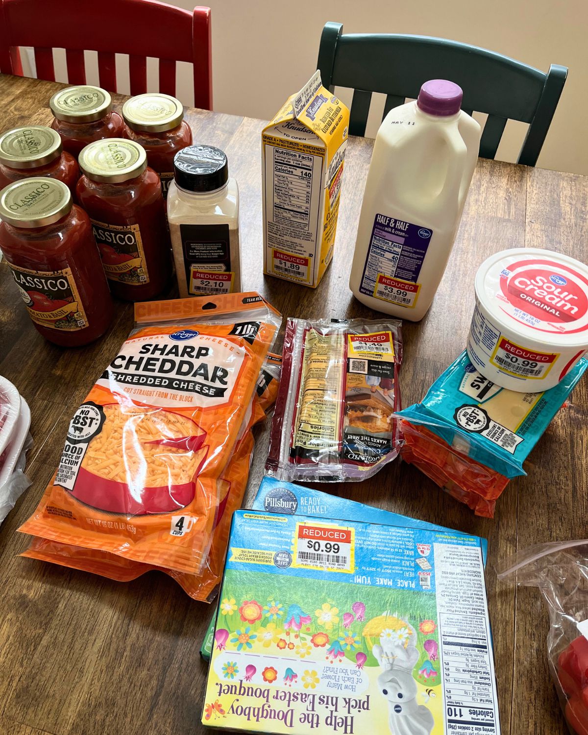 dairy and pantry items laid out on the counter.