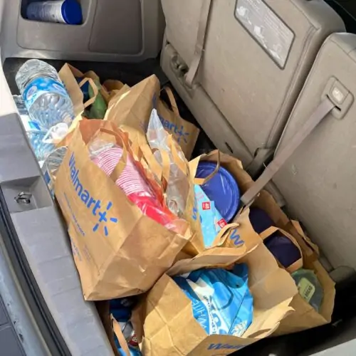 walmart bags in back of van.