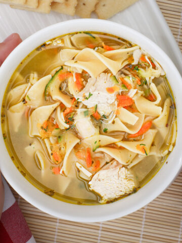 hands holding a white bowl of chicken noodle soup.