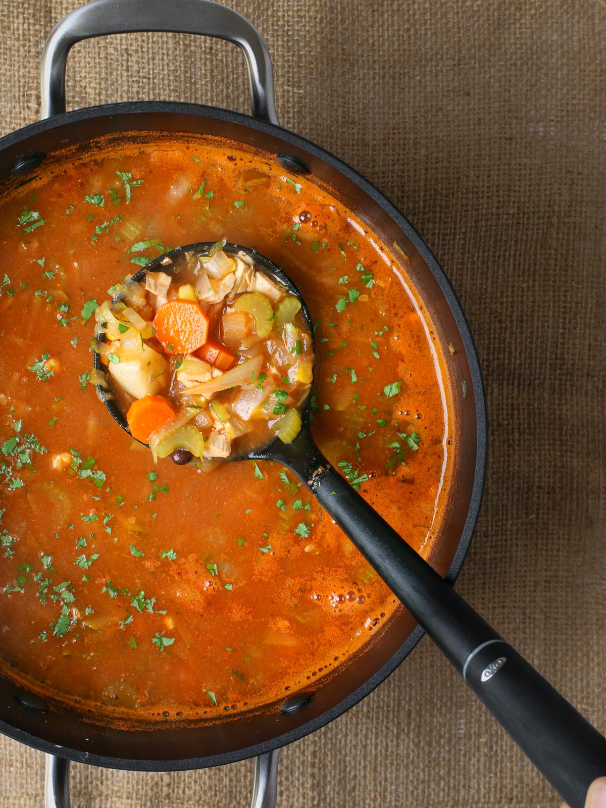 overhead shot of soup pot with ladle and soup.