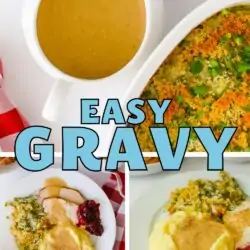 collage of easy gravy on mashed potatoes, on dinner plate, and in gravy boat, with text overlay.