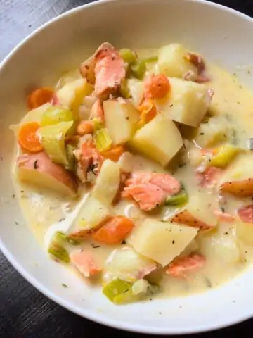 bowl of salmon chowder made from leftovers.