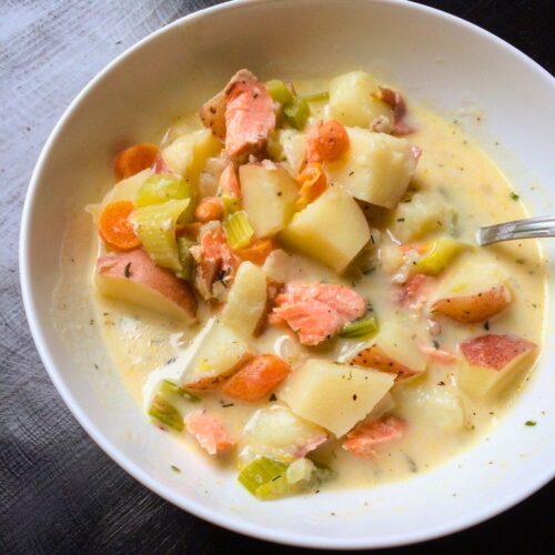 bowl of salmon chowder made from leftovers.