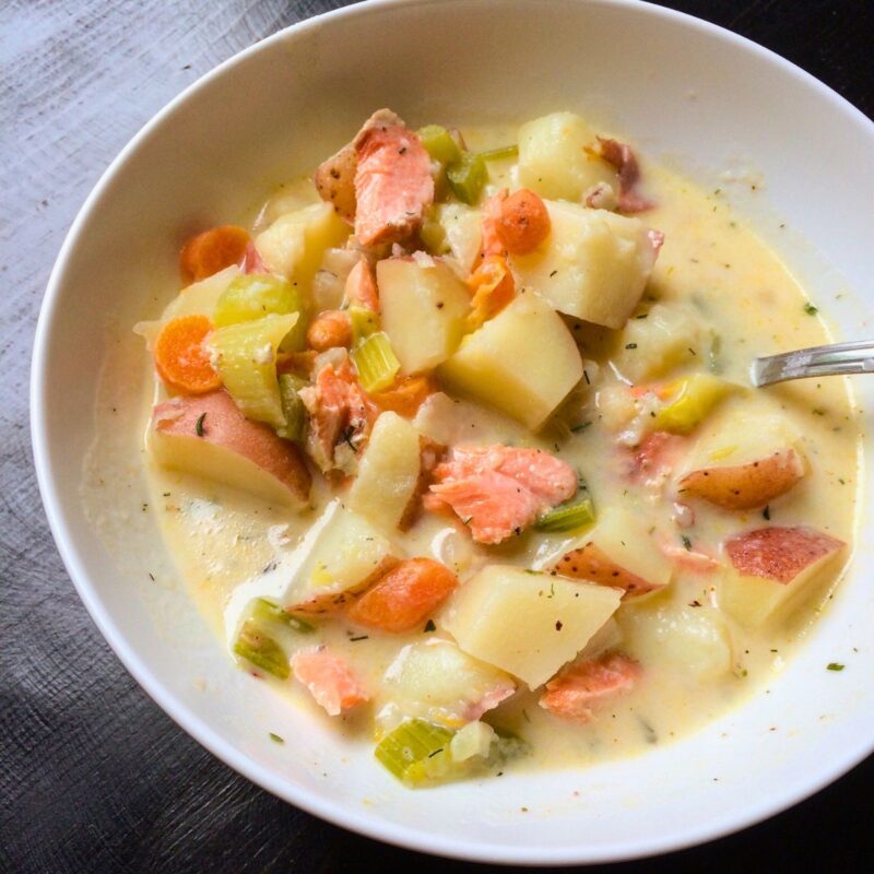 bowl of salmon chowder made from leftovers.