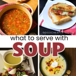 collage of soup and side dishes, with text overlay.