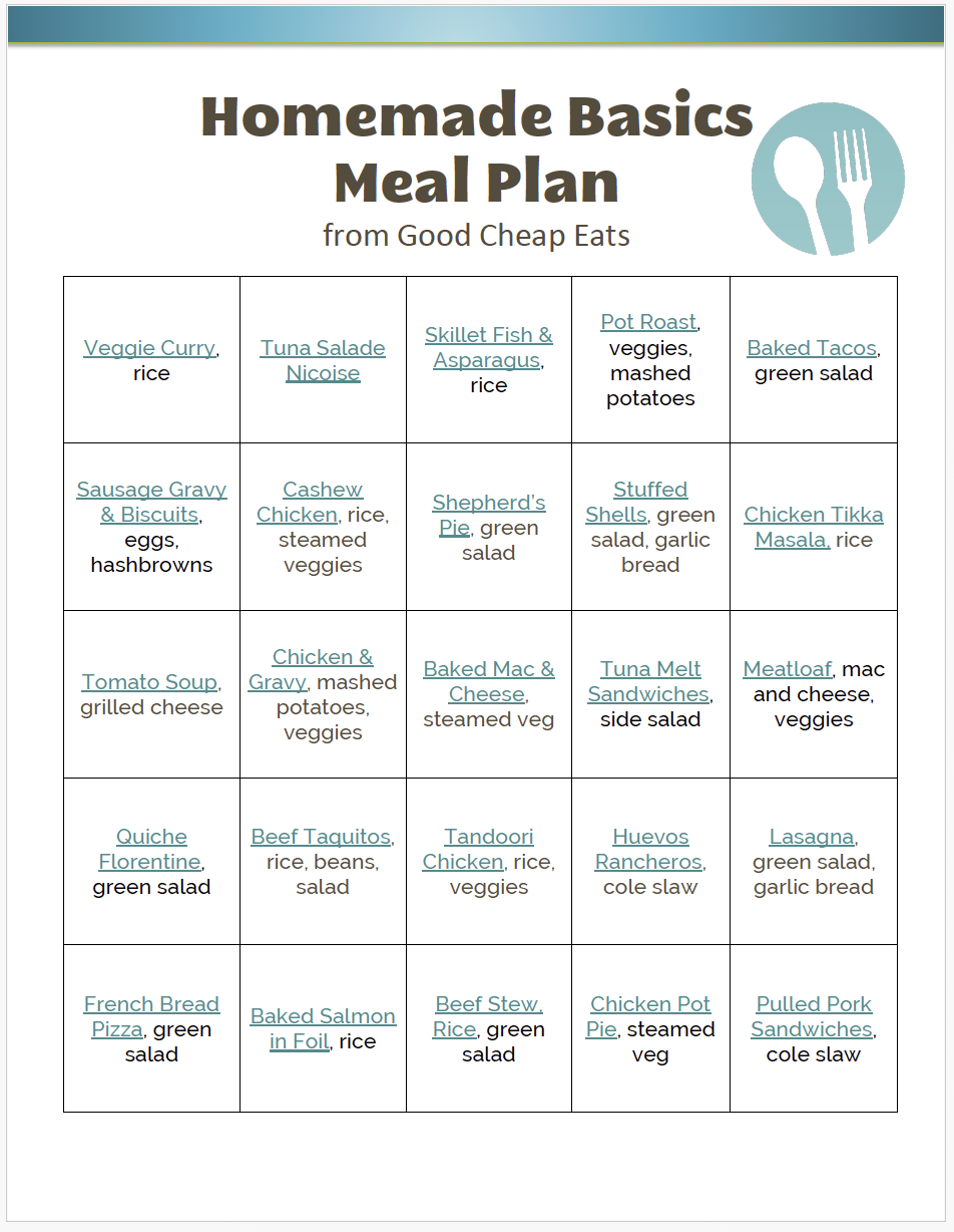 screen shot of homemade basics meal plan.