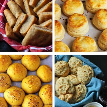 collage of thanksgiving breads in baskets and on baking sheets.