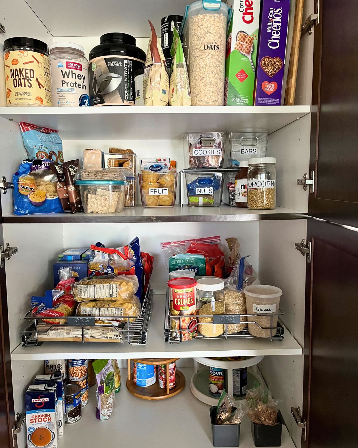 tidy pantry with labels on some things.