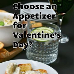 image of plated appetizer with drinks on table, with text overlay.