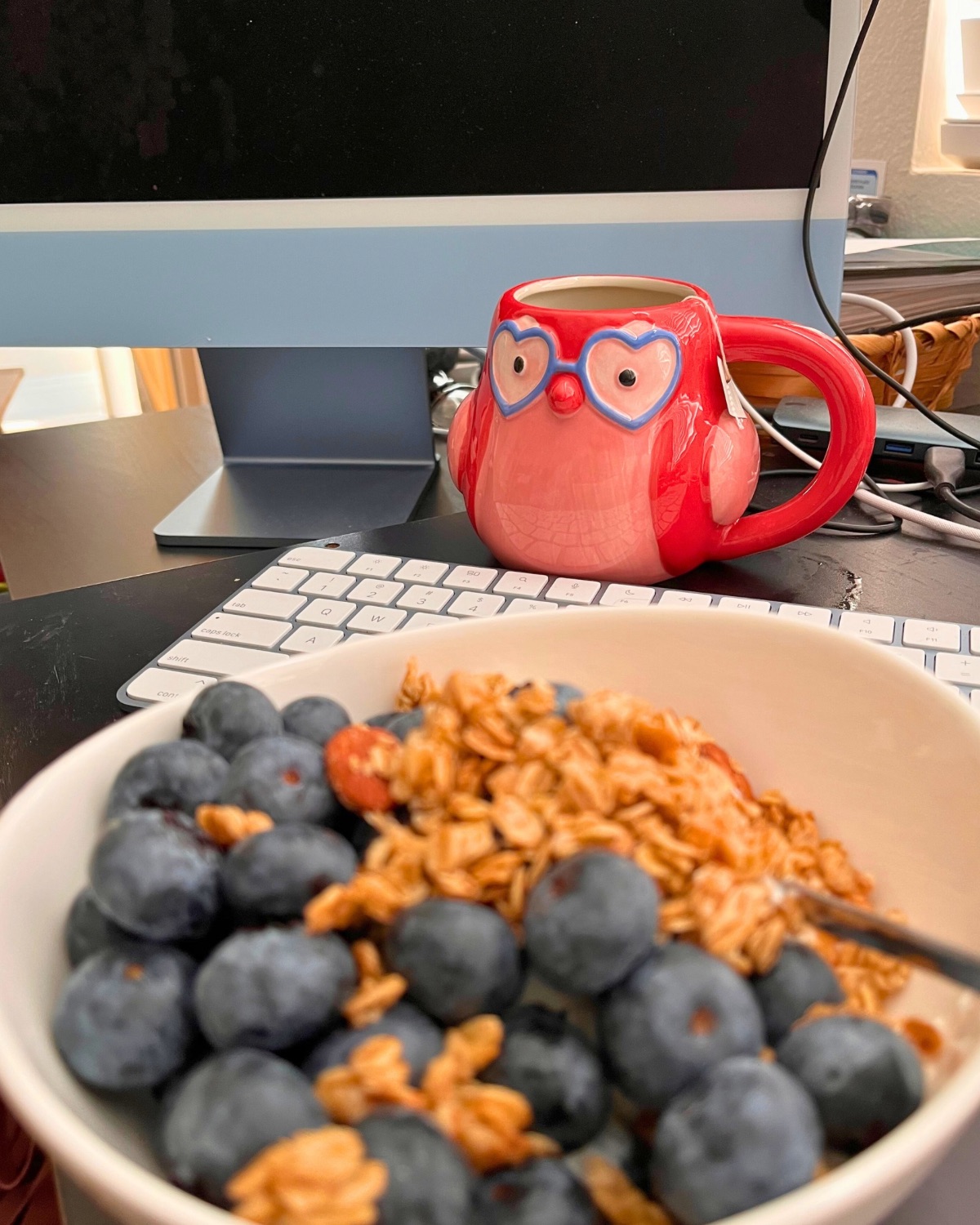 Bowl of berry parfait in front of computer and owl mug.
