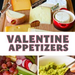 collage of valentine appetizers, with text overlay in gray and pink.