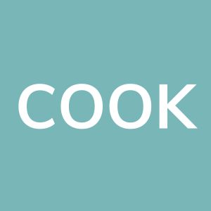 square blue box with the word COOK in white block lettering.