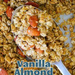 text overlay on closeup of spoon holding scoop of granola over baking pan.