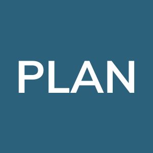 square teal box with the word PLAN in white block lettering.