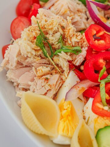 square crop of tuna on pasta salad.