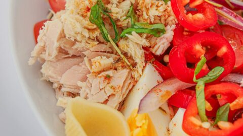 square crop of tuna on pasta salad.