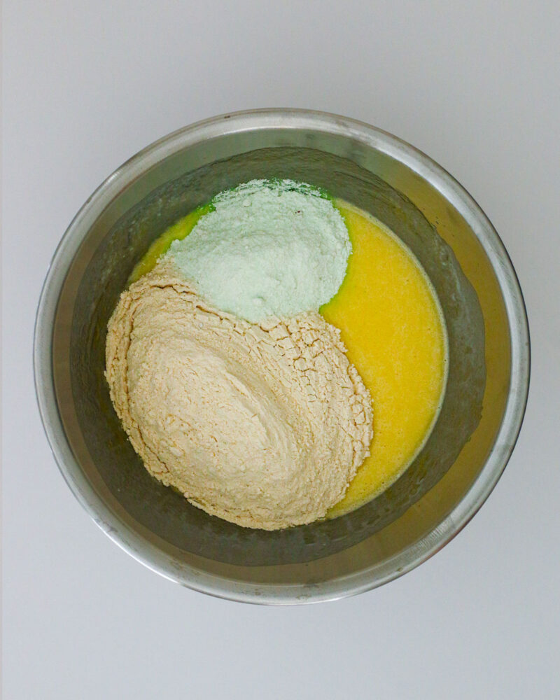 flour and pudding mix added to the wet ingredients.