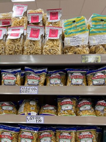 pasta on shelves at trader joe's.