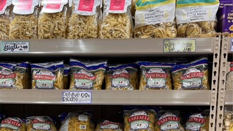 pasta on shelves at trader joe's.