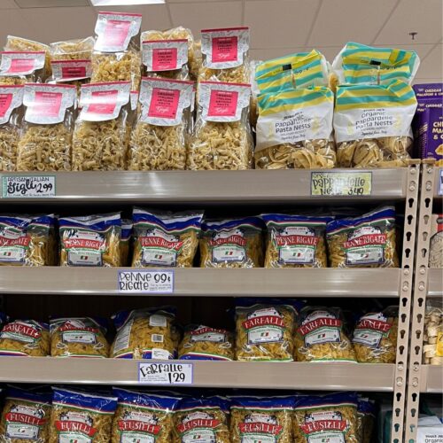 pasta on shelves at trader joe's.