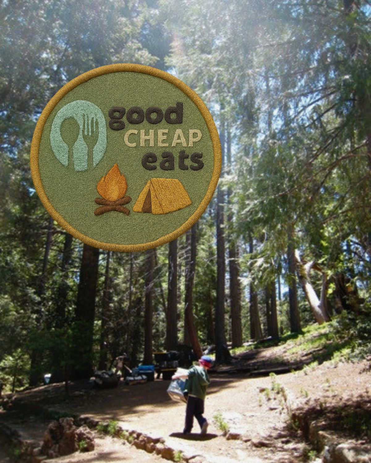 camping badge overlaid on picture of boy setting up camp in the woods.